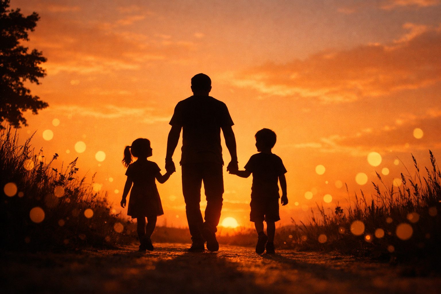Father walking with two children at golden hour sunset